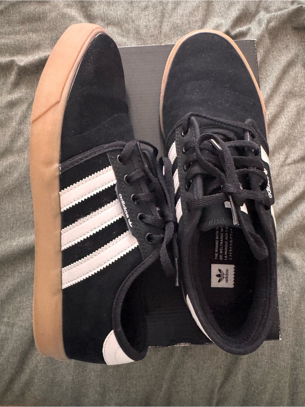 Men’s Adidas Black Suede Sneakers with White Stripes and Gum Sole